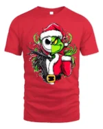 Christmas Grinch Skeleton Santa Mashup T-Shirt - red t-shirt on white background