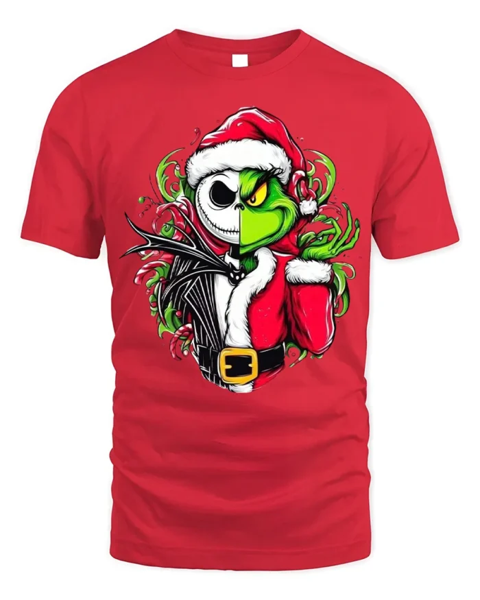 Christmas Grinch Skeleton Santa Mashup T-Shirt - red t-shirt on white background