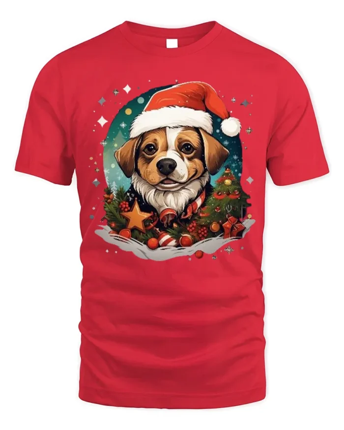 Christmas Dog Santa Hat Festive Holiday T-Shirt - red t-shirt on white background