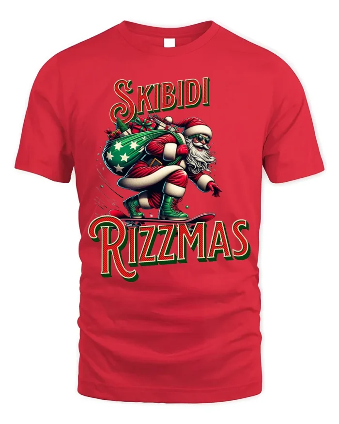 Funny Skibidi Rizzmas Santa Skateboard T-Shirt - red t-shirt on white background