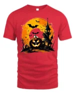 Halloween Haunted House Pumpkin Moon T-Shirt - red t-shirt on white background