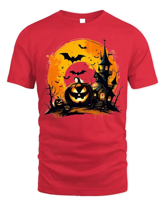 Halloween Haunted House Pumpkin Moon T-Shirt - red t-shirt on white background