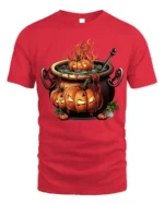 Halloween Pumpkin Cauldron Fire Potion T-Shirt - red t-shirt on white background