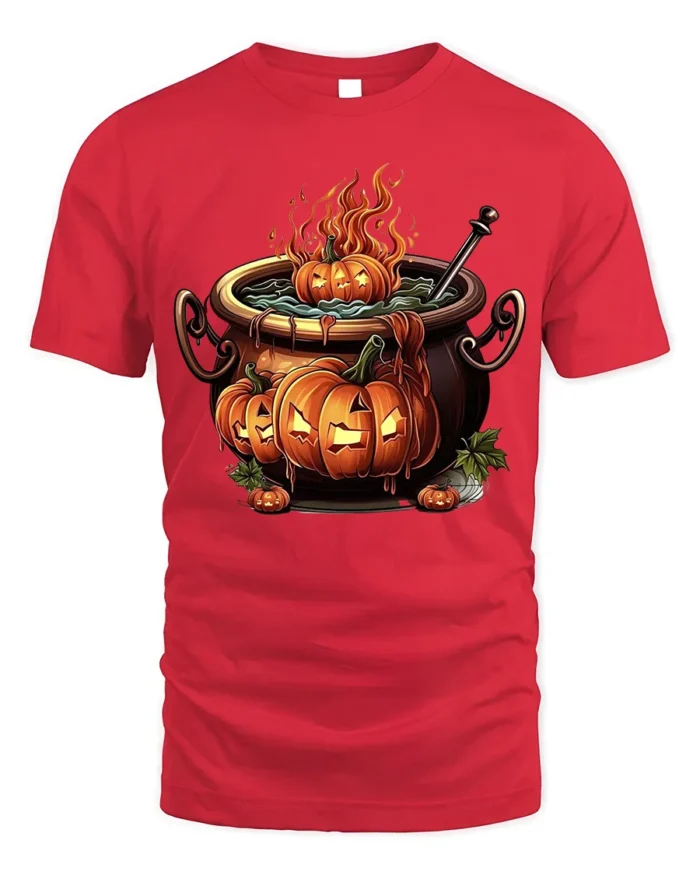 Halloween Pumpkin Cauldron Fire Potion T-Shirt - red t-shirt on white background