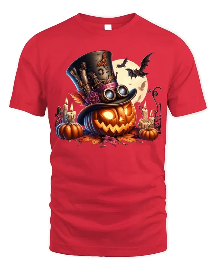 Halloween Steampunk Pumpkin Moon T-Shirt - red t-shirt on white background