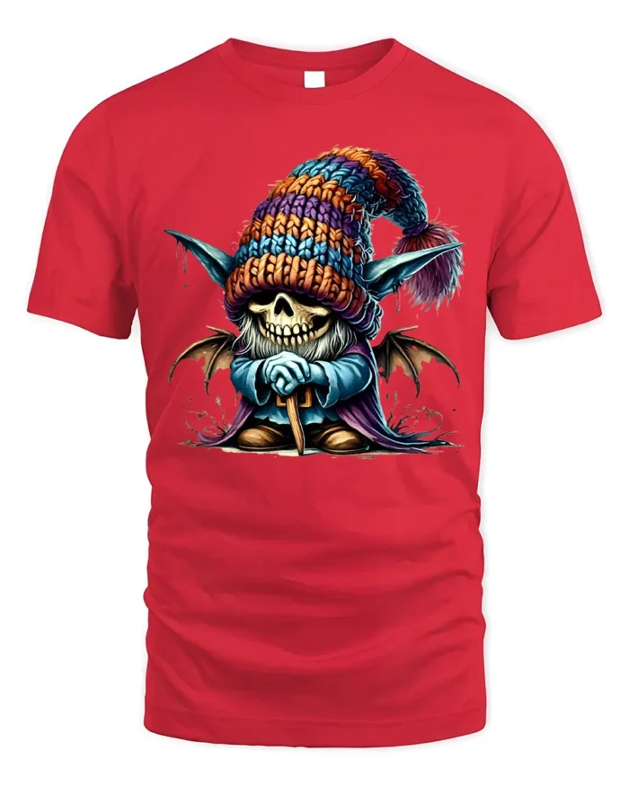 Halloween Skeleton Gnome Colorful Hat T-Shirt - red t-shirt on white background