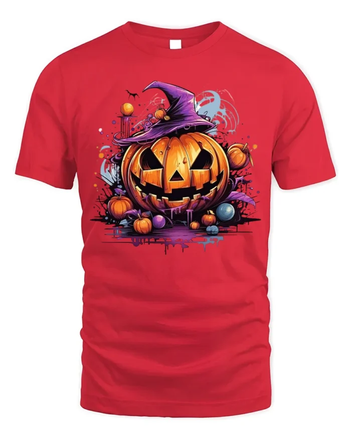 Halloween Pumpkin Witch Hat Spooky T-Shirt - red t-shirt on white background