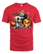 Halloween Skeleton Cauldron Pumpkin T-Shirt - red t-shirt on white background