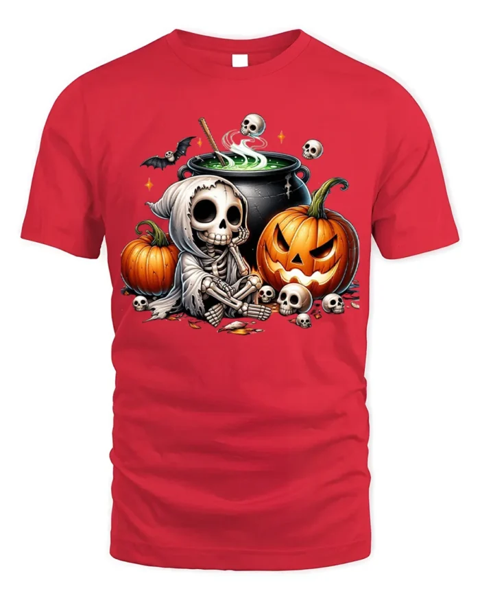 Halloween Skeleton Cauldron Pumpkin T-Shirt - red t-shirt on white background