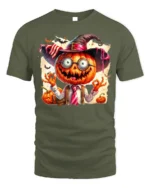 Halloween Pumpkin Head Crazy Teacher T-Shirt - military green t-shirt on white background