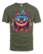 Halloween Neon Blue Pumpkin Glow T-Shirt - military green t-shirt on white background