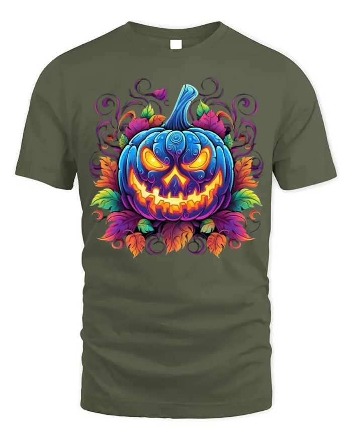 Halloween Neon Blue Pumpkin Glow T-Shirt - military green t-shirt on white background