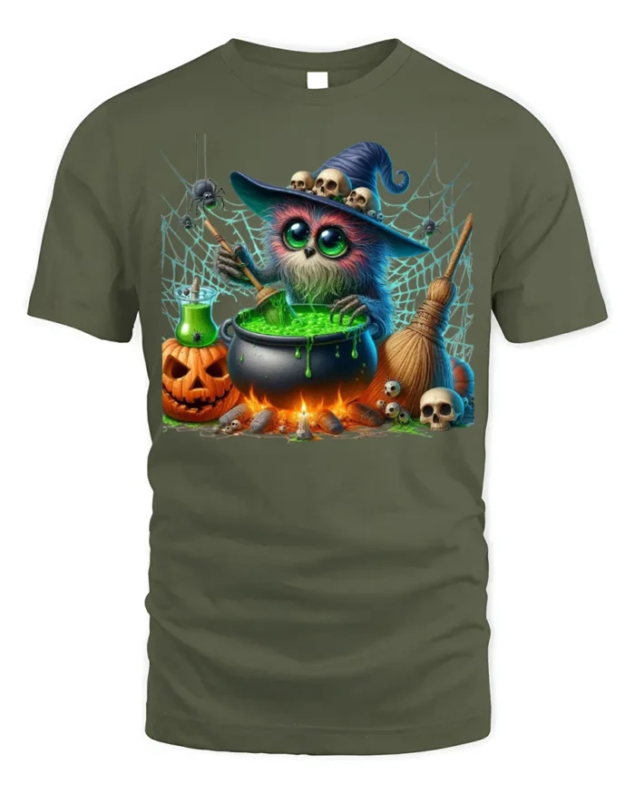 Halloween Witch Owl Cauldron Magic T-Shirt - military green t-shirt on white background