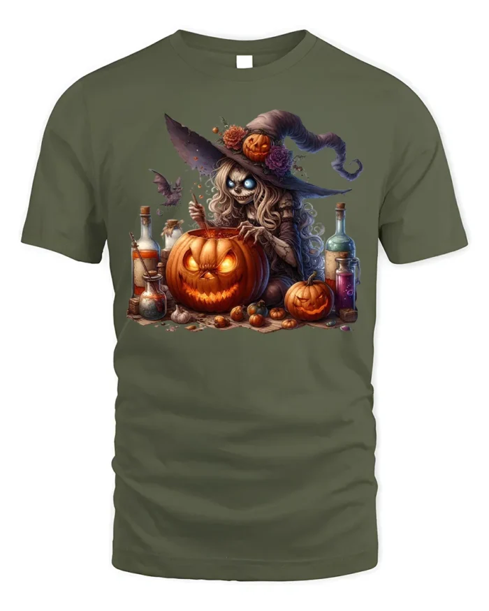 Halloween Witch Pumpkin Potion Brewing T-Shirt - military green t-shirt on white background