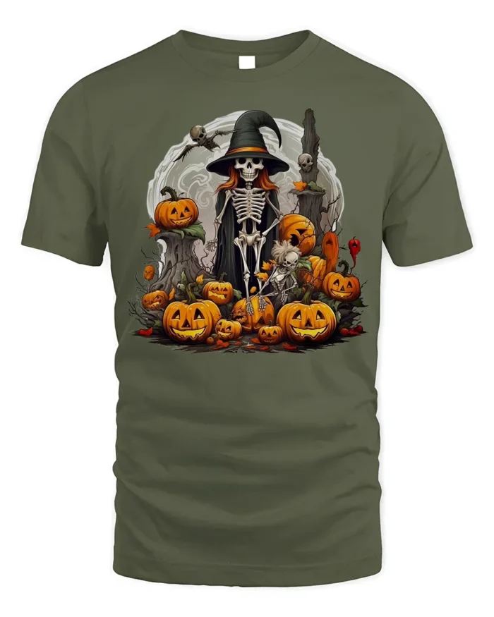 Halloween Skeleton Witch Pumpkin Moon T-Shirt - military green t-shirt on white background