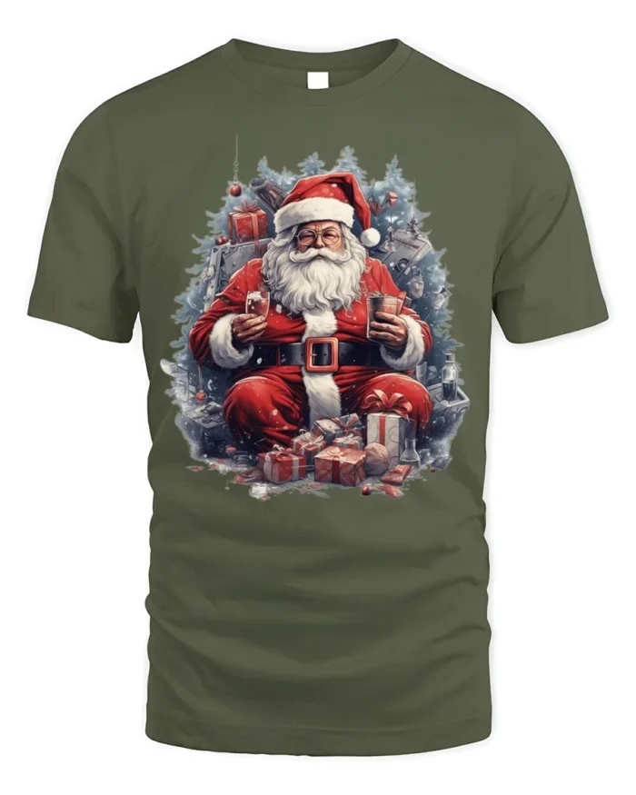 Christmas Santa Claus Gifts Holiday T-Shirt - military green t-shirt on white background