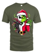 Christmas Grinch Skeleton Santa Mashup T-Shirt - military green t-shirt on white background