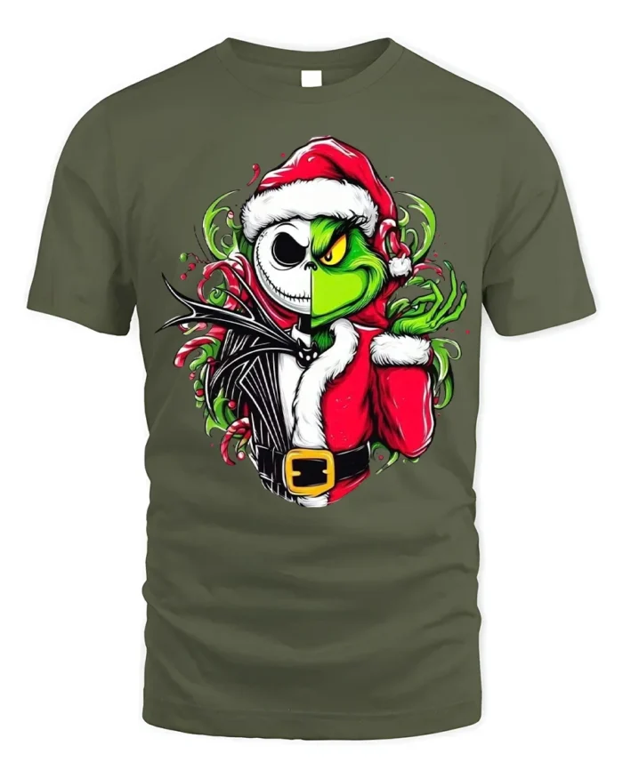 Christmas Grinch Skeleton Santa Mashup T-Shirt - military green t-shirt on white background
