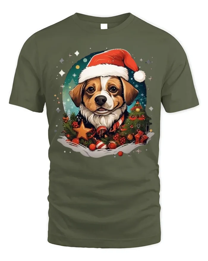 Christmas Dog Santa Hat Festive Holiday T-Shirt - military green t-shirt on white background