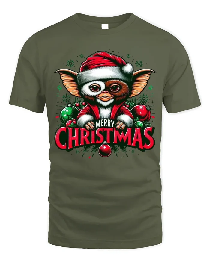Christmas Cute Creature Santa Hat T-Shirt - military green t-shirt on white background