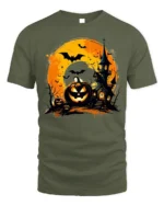 Halloween Haunted House Pumpkin Moon T-Shirt - military green t-shirt on white background