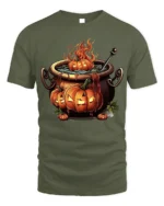 Halloween Pumpkin Cauldron Fire Potion T-Shirt - military green t-shirt on white background
