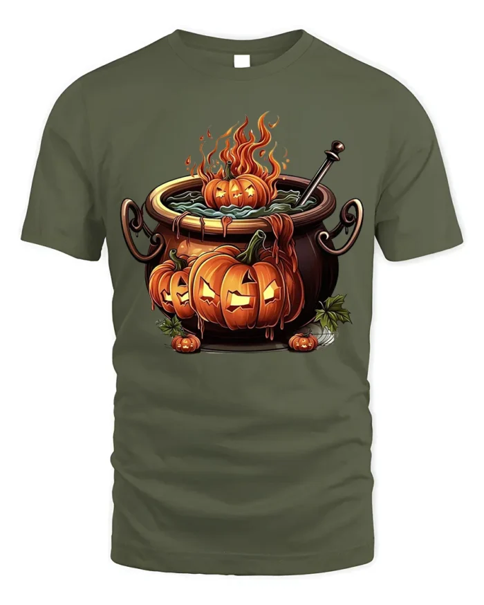 Halloween Pumpkin Cauldron Fire Potion T-Shirt - military green t-shirt on white background