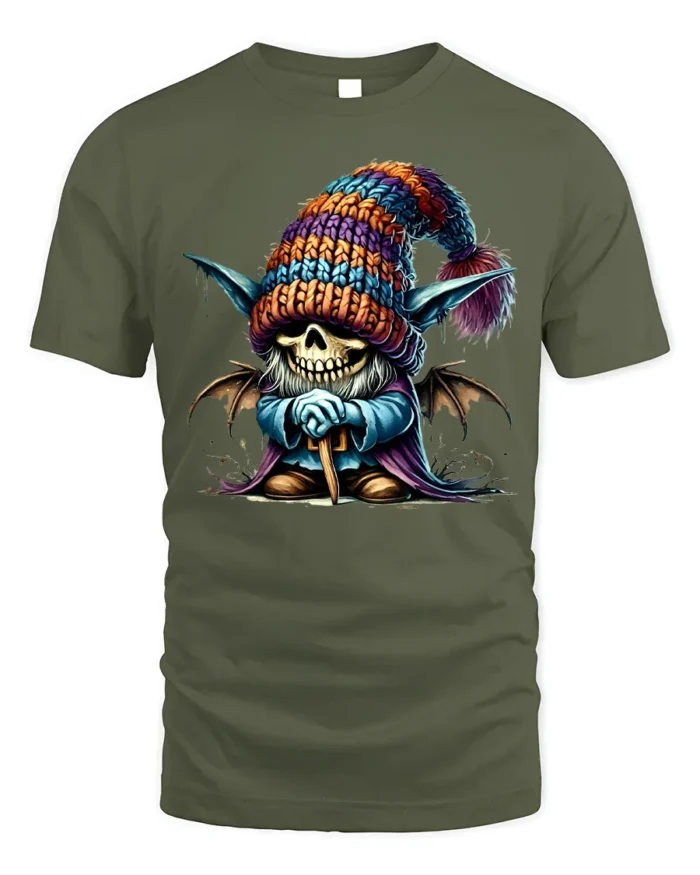 Halloween Skeleton Gnome Colorful Hat T-Shirt - military green t-shirt on white background