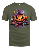 Halloween Pumpkin Witch Hat Spooky T-Shirt - military green t-shirt on white background