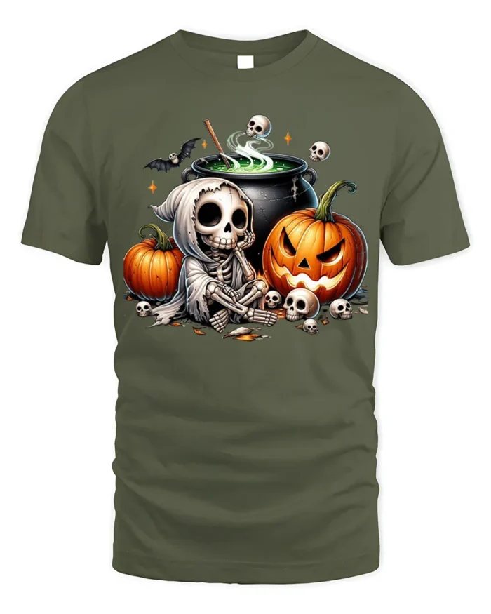 Halloween Skeleton Cauldron Pumpkin T-Shirt - military green t-shirt on white background