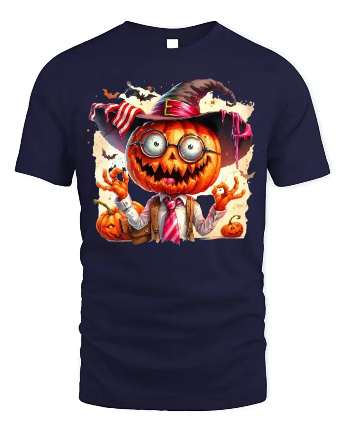 Halloween Pumpkin Head Crazy Teacher T-Shirt - navy t-shirt on white background