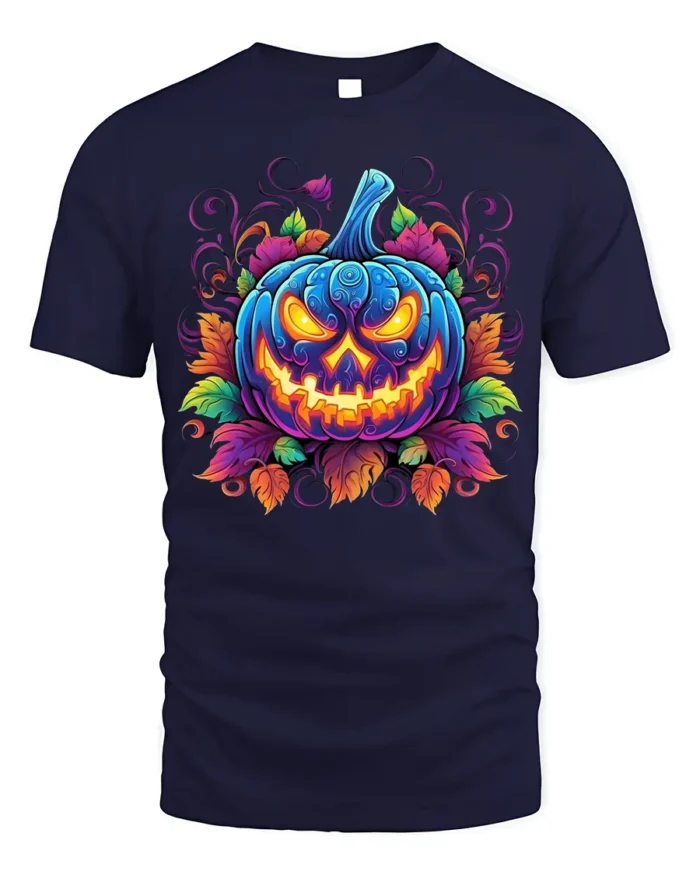 Halloween Neon Blue Pumpkin Glow T-Shirt - navy t-shirt on white background