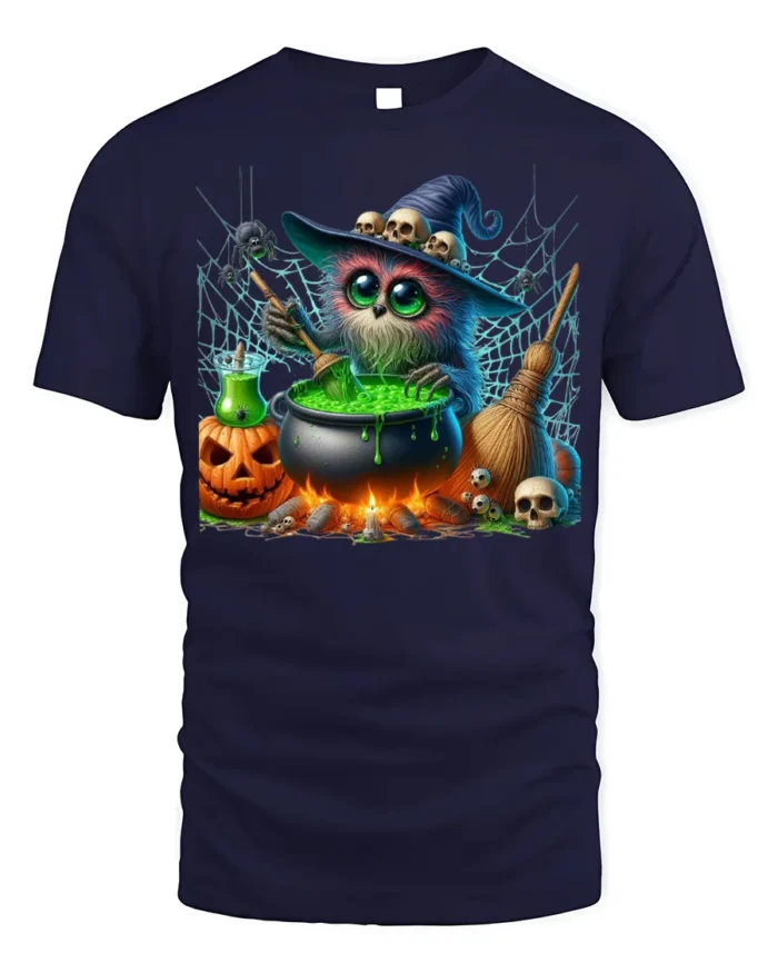 Halloween Witch Owl Cauldron Magic T-Shirt - navy t-shirt on white background