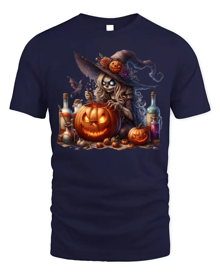 Halloween Witch Pumpkin Potion Brewing T-Shirt - navy t-shirt on white background
