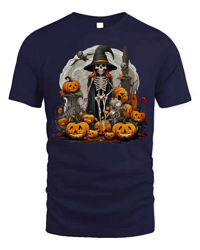 Halloween Skeleton Witch Pumpkin Moon T-Shirt - navy t-shirt on white background