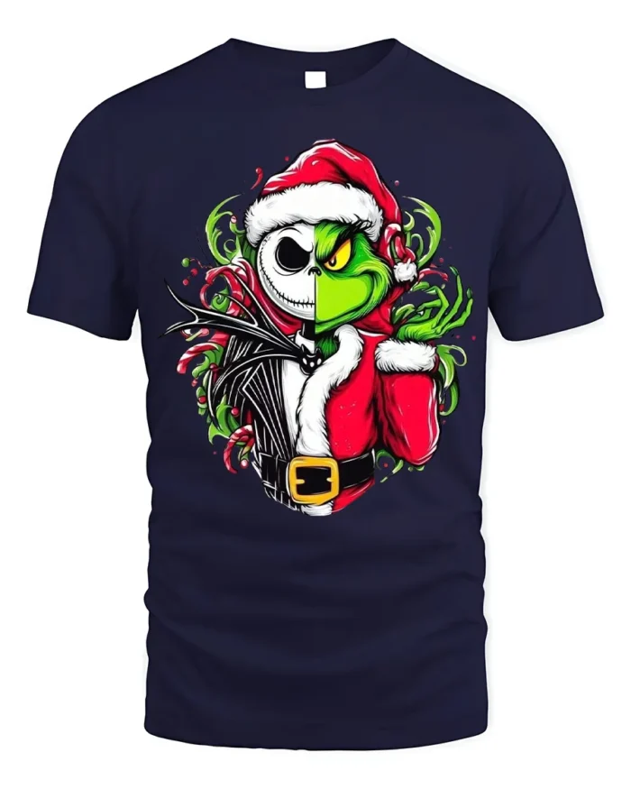 Christmas Grinch Skeleton Santa Mashup T-Shirt - navy t-shirt on white background