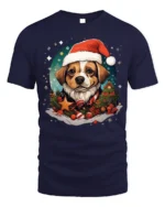 Christmas Dog Santa Hat Festive Holiday T-Shirt - navy t-shirt on white background