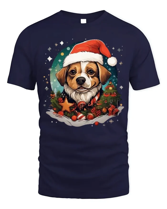 Christmas Dog Santa Hat Festive Holiday T-Shirt - navy t-shirt on white background