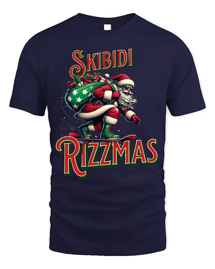 Funny Skibidi Rizzmas Santa Skateboard T-Shirt - navy t-shirt on white background