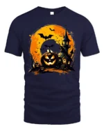 Halloween Haunted House Pumpkin Moon T-Shirt - navy t-shirt on white background
