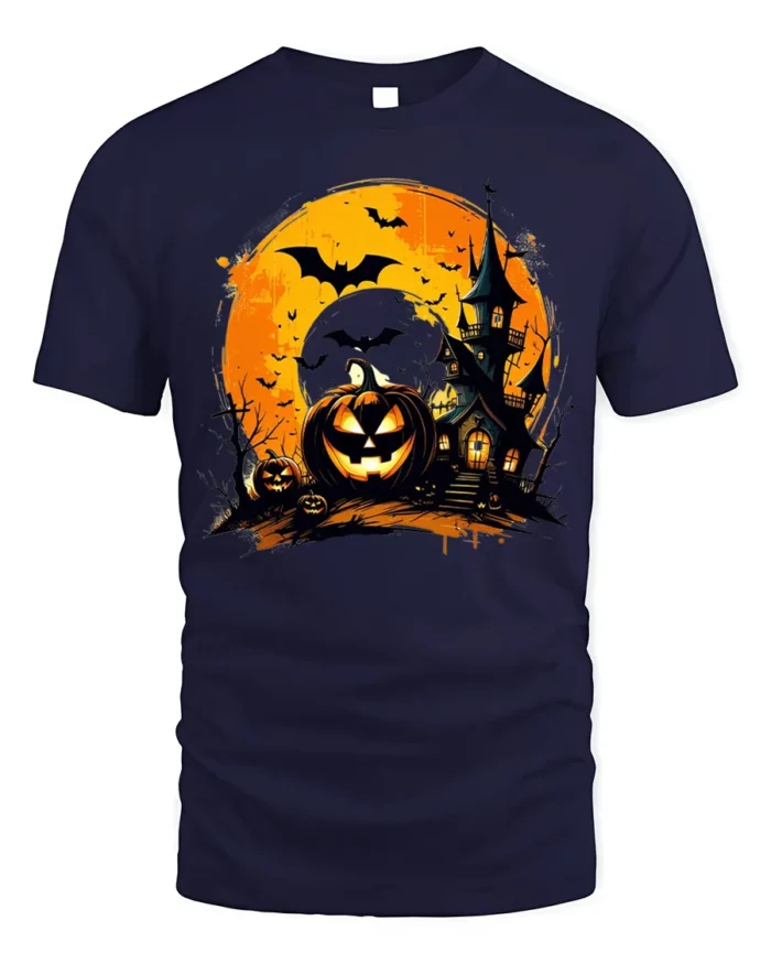 Halloween Haunted House Pumpkin Moon T-Shirt - navy t-shirt on white background