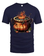 Halloween Pumpkin Cauldron Fire Potion T-Shirt - navy t-shirt on white background