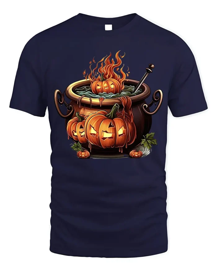 Halloween Pumpkin Cauldron Fire Potion T-Shirt - navy t-shirt on white background