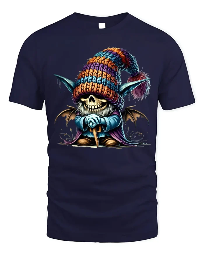 Halloween Skeleton Gnome Colorful Hat T-Shirt - navy t-shirt on white background