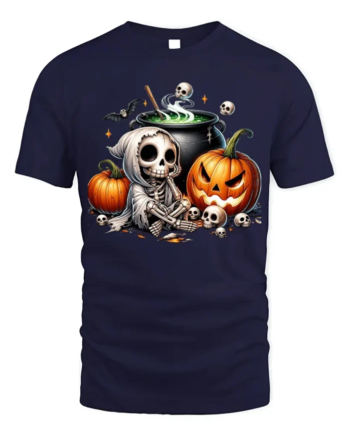 Halloween Skeleton Cauldron Pumpkin T-Shirt - navy t-shirt on white background