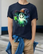 Halloween Ghost Witch Hat Potion Drink T-Shirt - model wearing navy shirt, hands in pockets