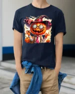 Halloween Pumpkin Head Crazy Teacher T-Shirt - model wearing navy shirt, hands in pockets
