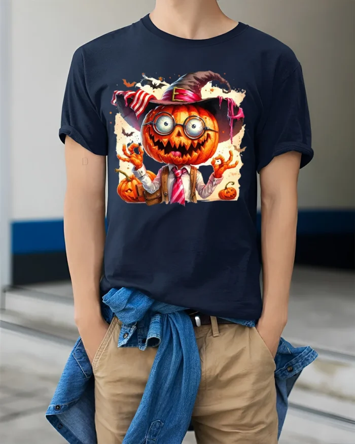 Halloween Pumpkin Head Crazy Teacher T-Shirt - model wearing navy shirt, hands in pockets