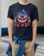Halloween Neon Blue Pumpkin Glow T-Shirt - model wearing navy shirt, hands in pockets