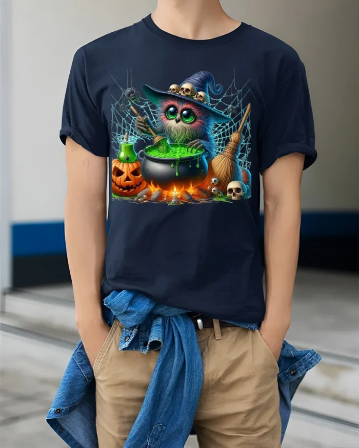 Halloween Witch Owl Cauldron Magic T-Shirt - model wearing navy shirt, hands in pockets